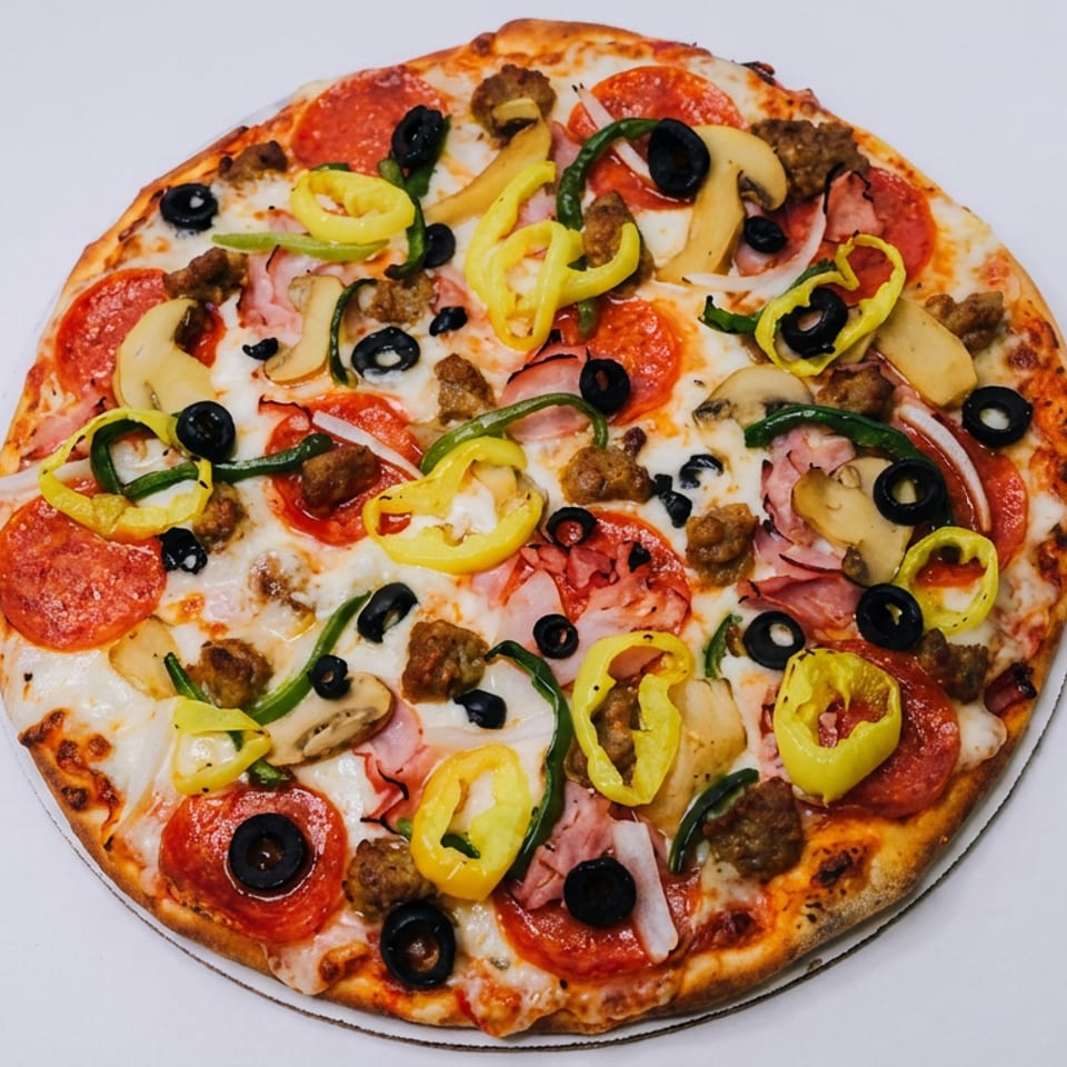Loaded pizza topped with pepperoni, sausage, ham, mushrooms, black olives, banana peppers, and green peppers on a white background.
