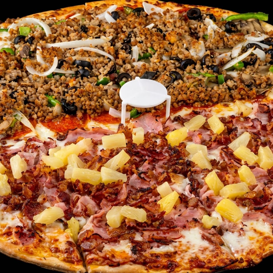 Large half-and-half pizza topped with vegetables, olives, ground meat, ham, bacon, and pineapple.