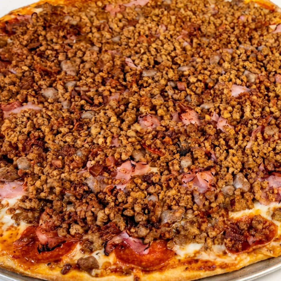 Large meat-lover’s pizza topped with pepperoni, sausage, ham, mushrooms, and abundant crumbled ground meat on a metal tray.