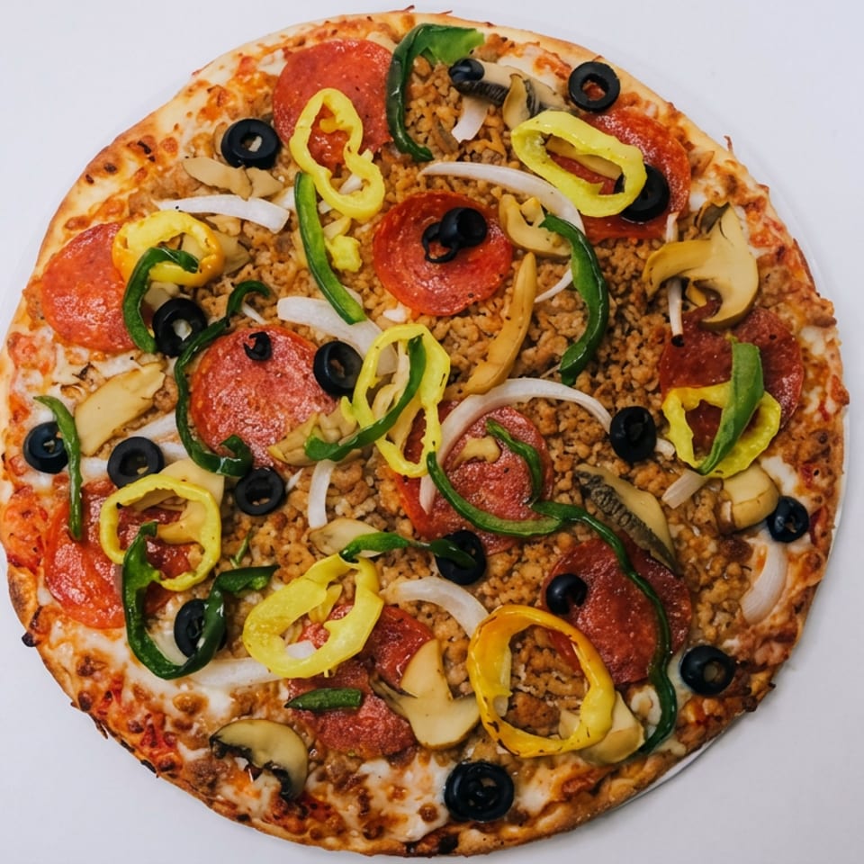 Overhead view of a loaded pizza topped with pepperoni, sausage, mushrooms, olives, onions, and green and yellow peppers.