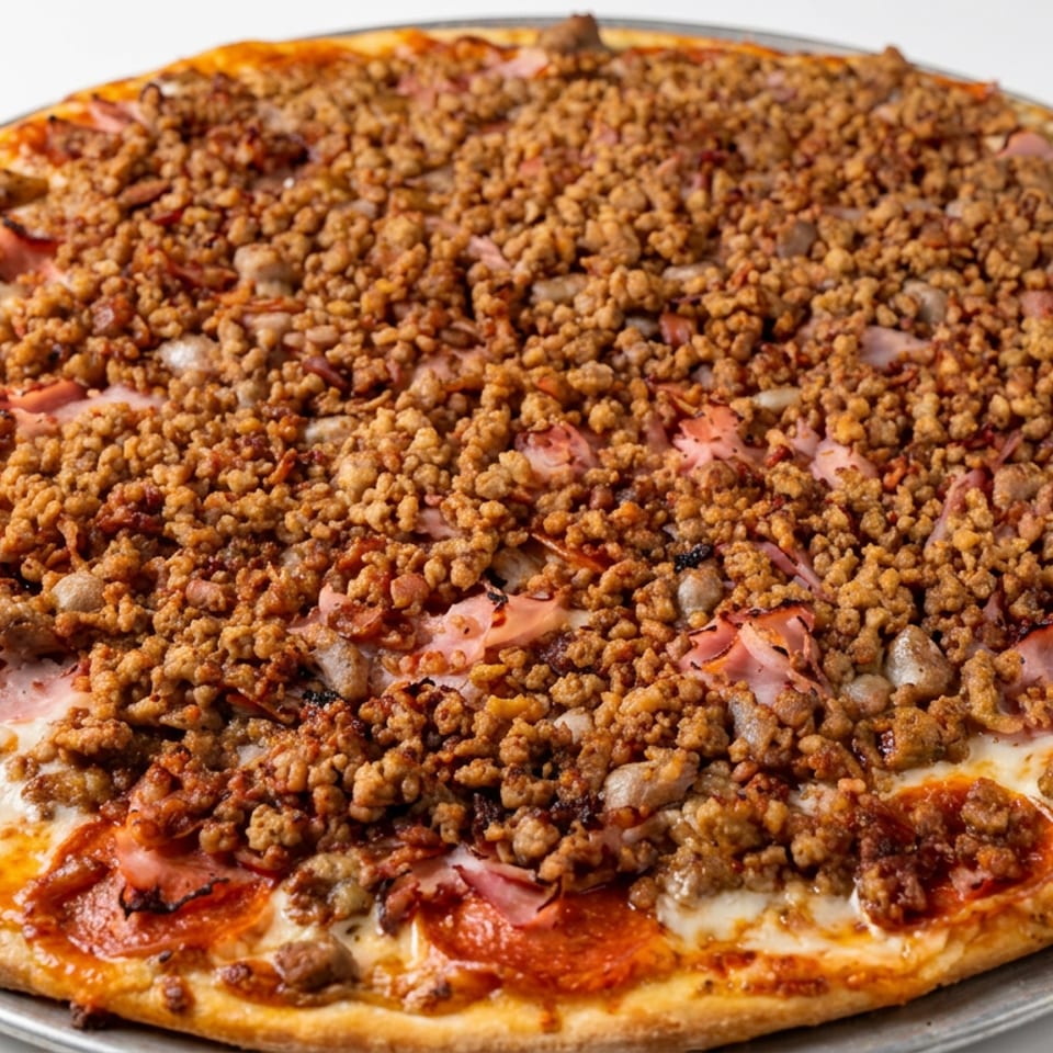 Large pizza topped with pepperoni, ham, mushrooms, melted cheese, and abundant seasoned ground meat on a metal tray.