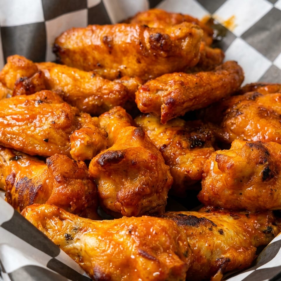 Pile of glossy, grilled chicken wings coated in orange sauce, served in a black-and-white checkered paper-lined basket.