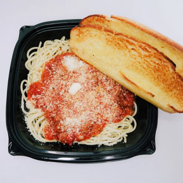 Spaghetti Dinner with Garlic Toast and Parmesan.